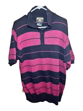 Striped Short-Sleeve Polo in Black & Magenta